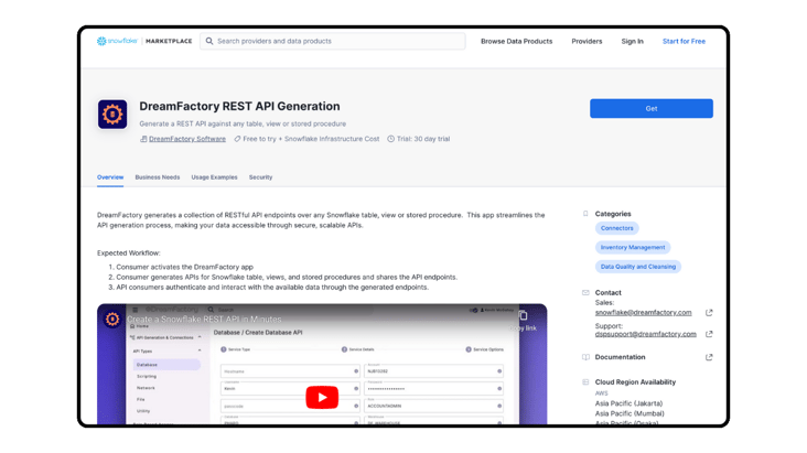 screenshot of DreamFactory Snowflake Marketplace listing