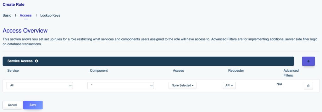 DreamFactory's role-based access control configuration screen