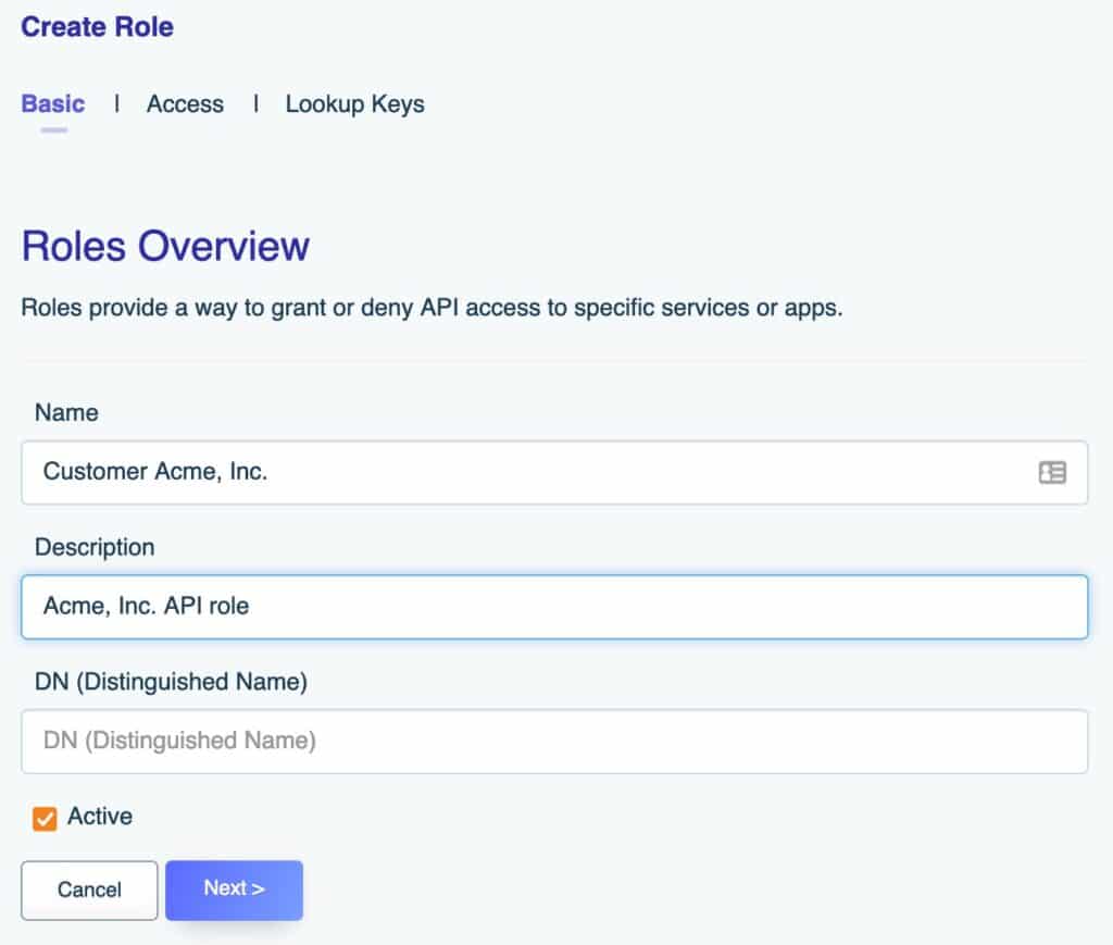 DreamFactory's role-based access control info screen