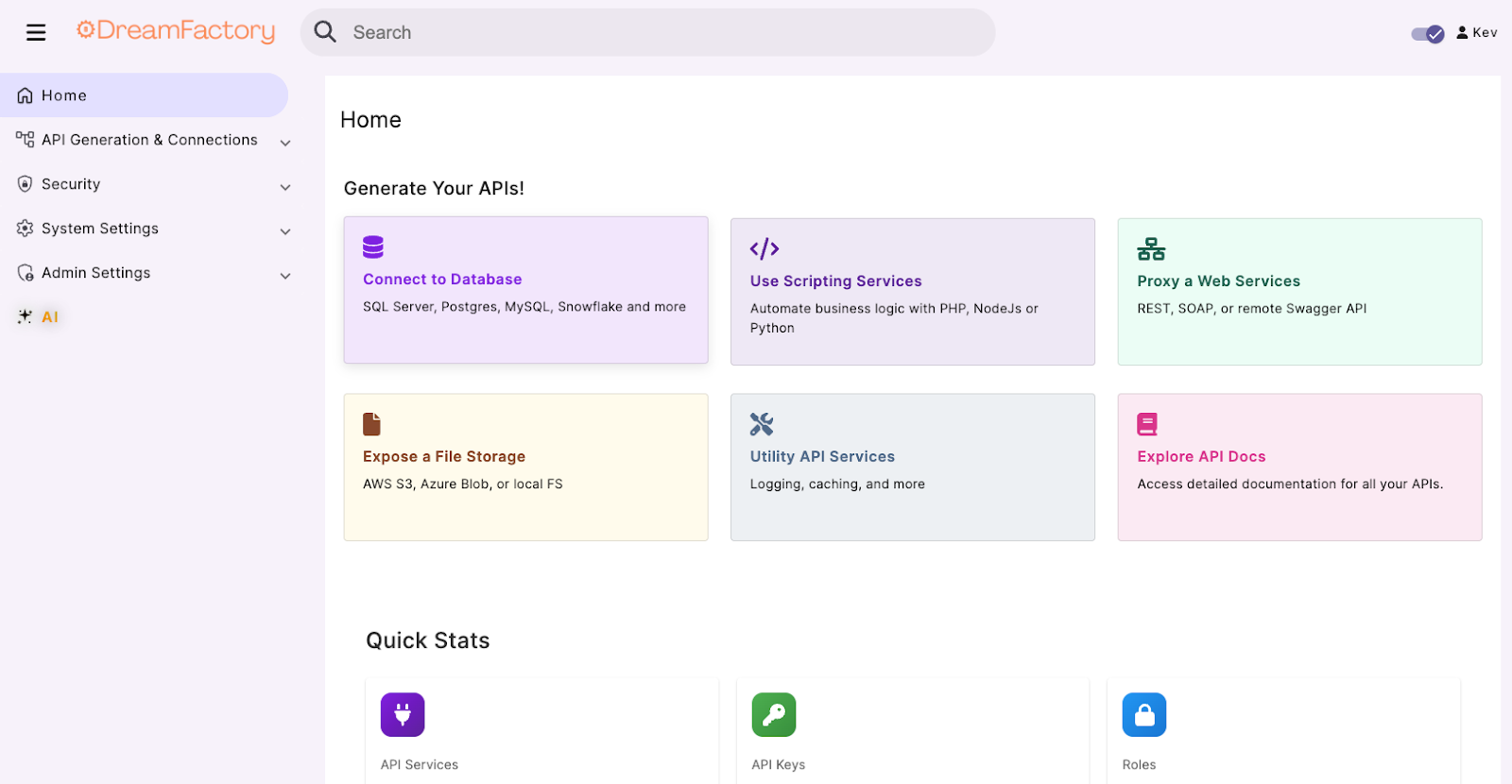 DreamFactory home dashboard showing API generation options including Connect to Database, Use Scripting Services, Proxy a Web Services, and Explore API Docs