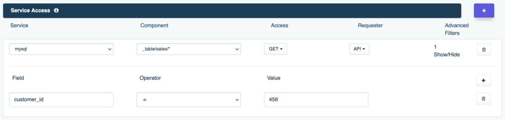 Configuring a database API role-based access control with row-level filtering